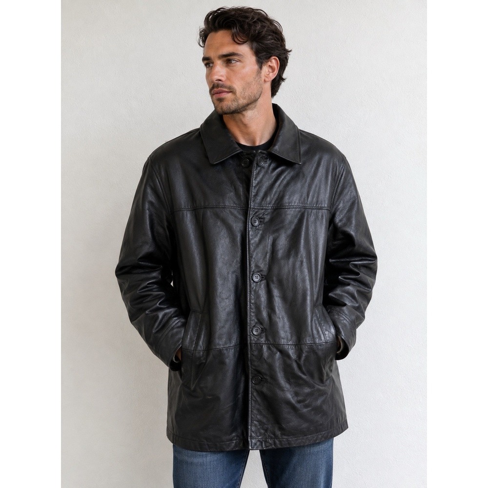 Baracuta Men's L Genuine Leather Car Coat Jacket Black Button Front Classic